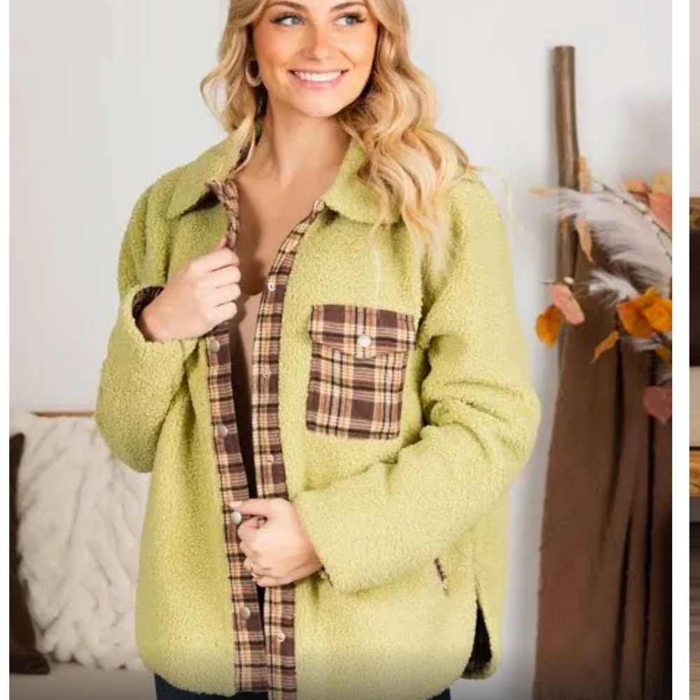 Kori America Plaid Reversible Lime Green Jacket Shacket 1x NWT Sherpa